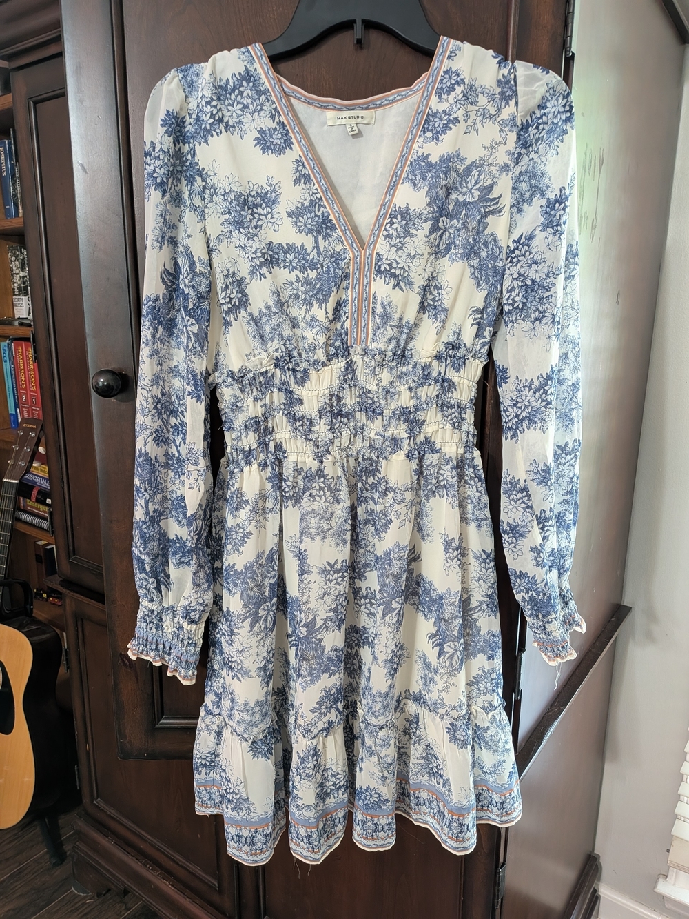 Blue Floral V-Neck Smocked Waist Dress